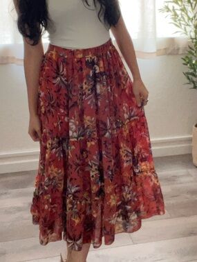 Orange Floral Midi Skirt